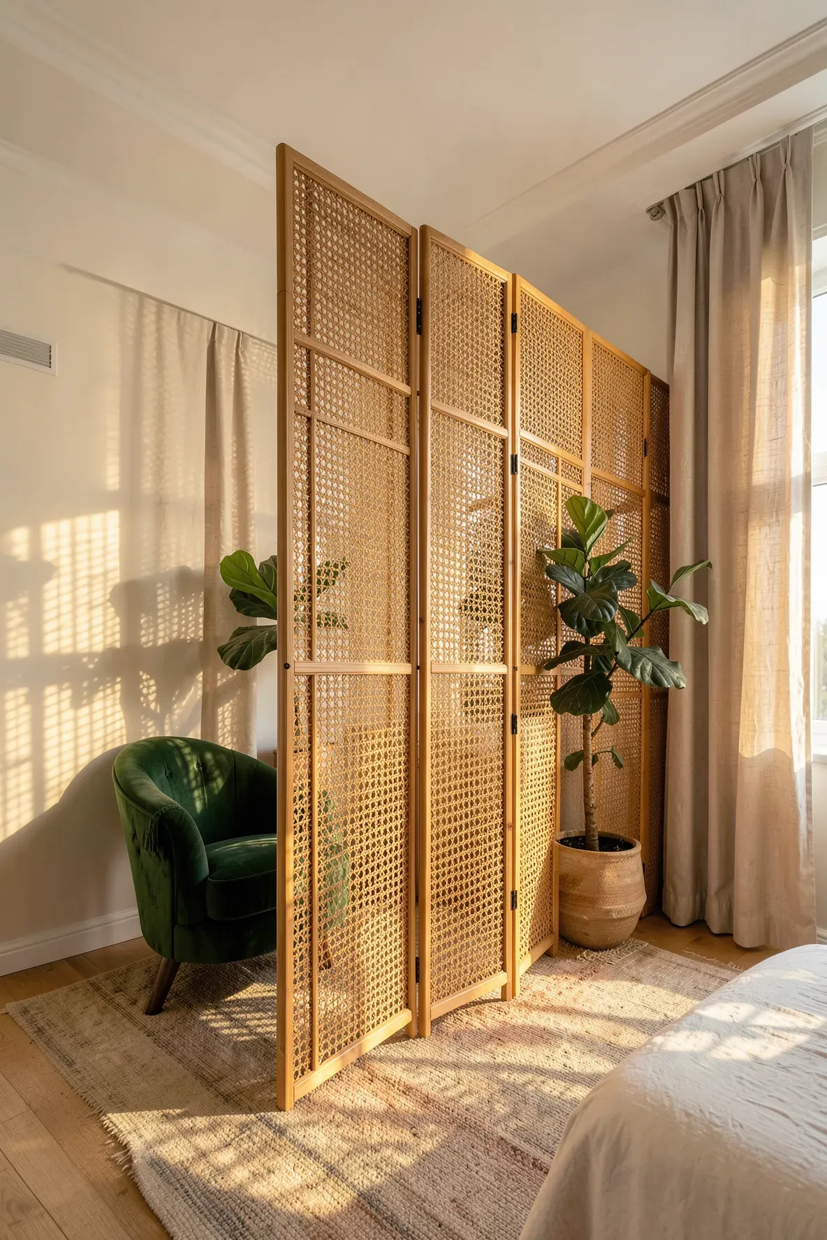 A woven rattan room divider separating a private dressing area in a sunlit bedroom.