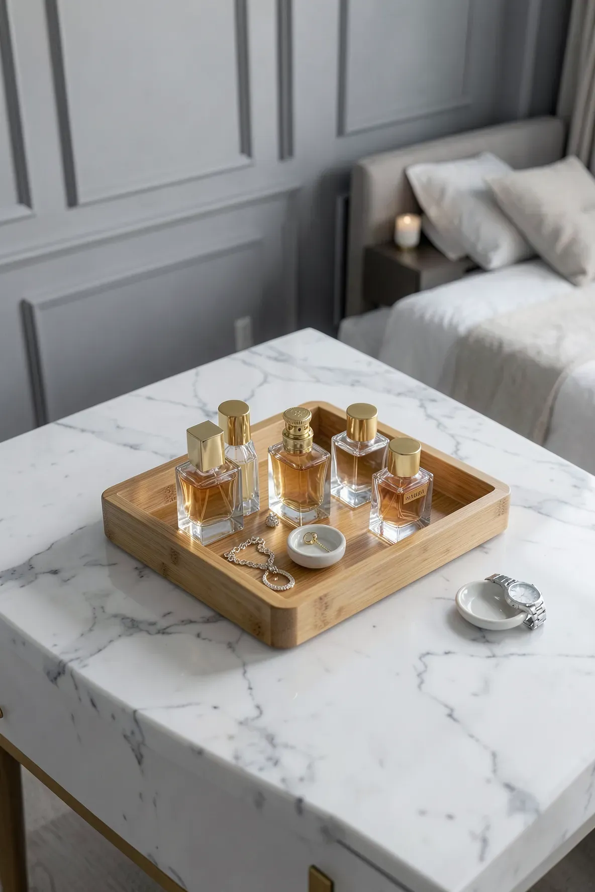 A bamboo vanity tray holding perfume and jewelry on a clean dresser top in a bedroom.