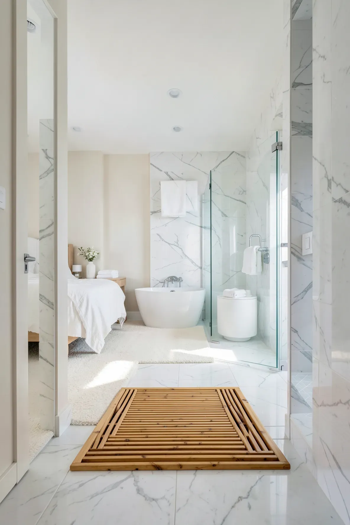 A slatted bamboo bath mat placed at the entryway of a bright en suite bathroom.