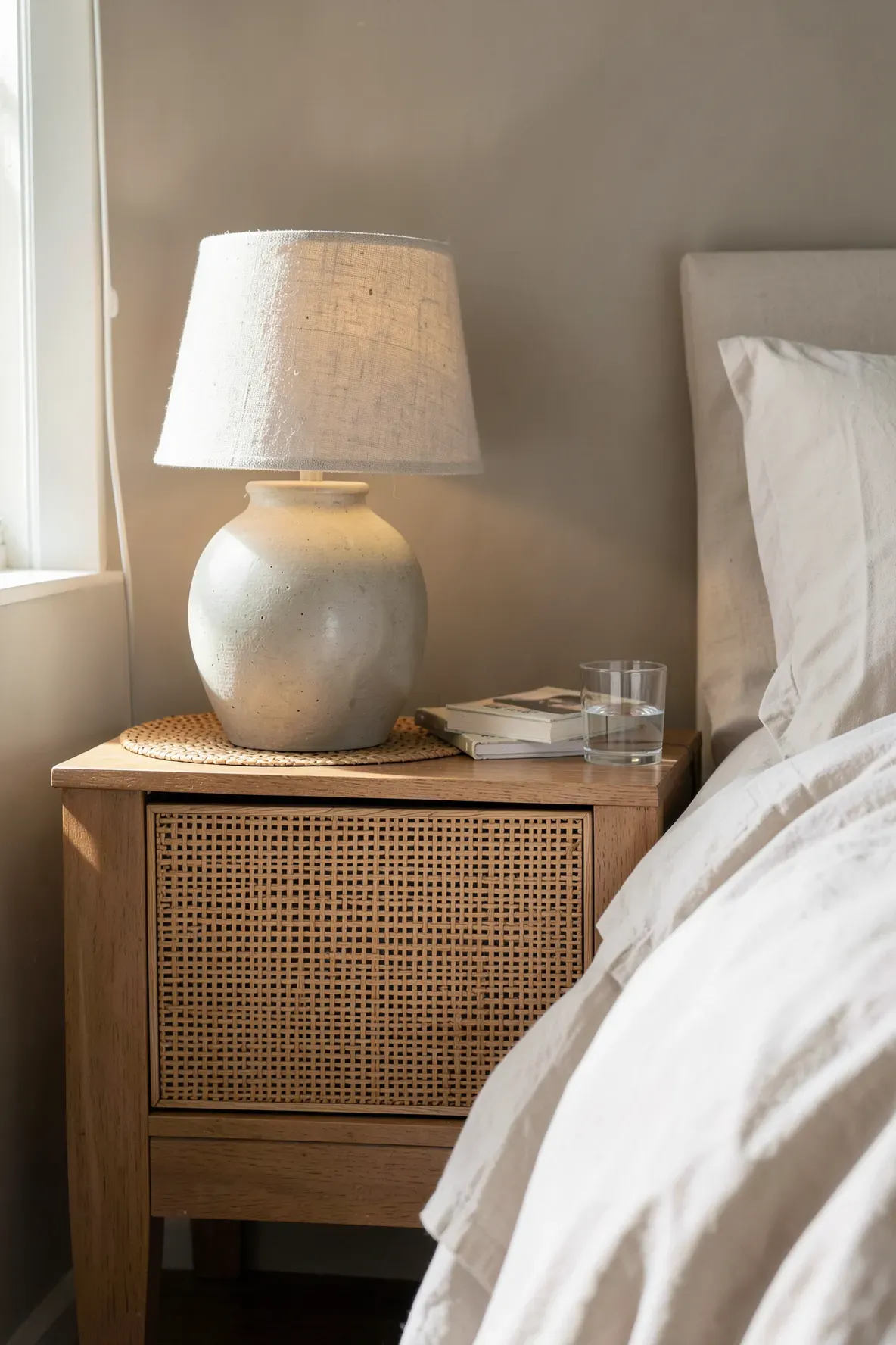 A rattan tissue box cover on a styled nightstand in a relaxing bedroom.