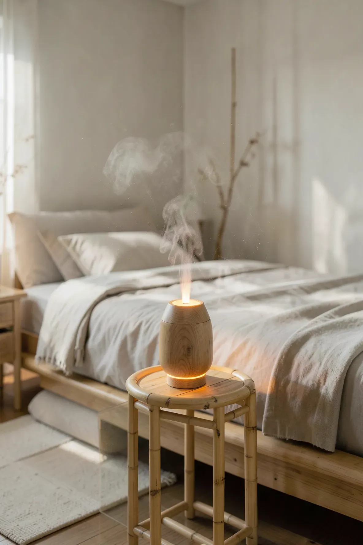 A bamboo essential oil diffuser with wood grain detail on a nightstand in a relaxing bedroom.