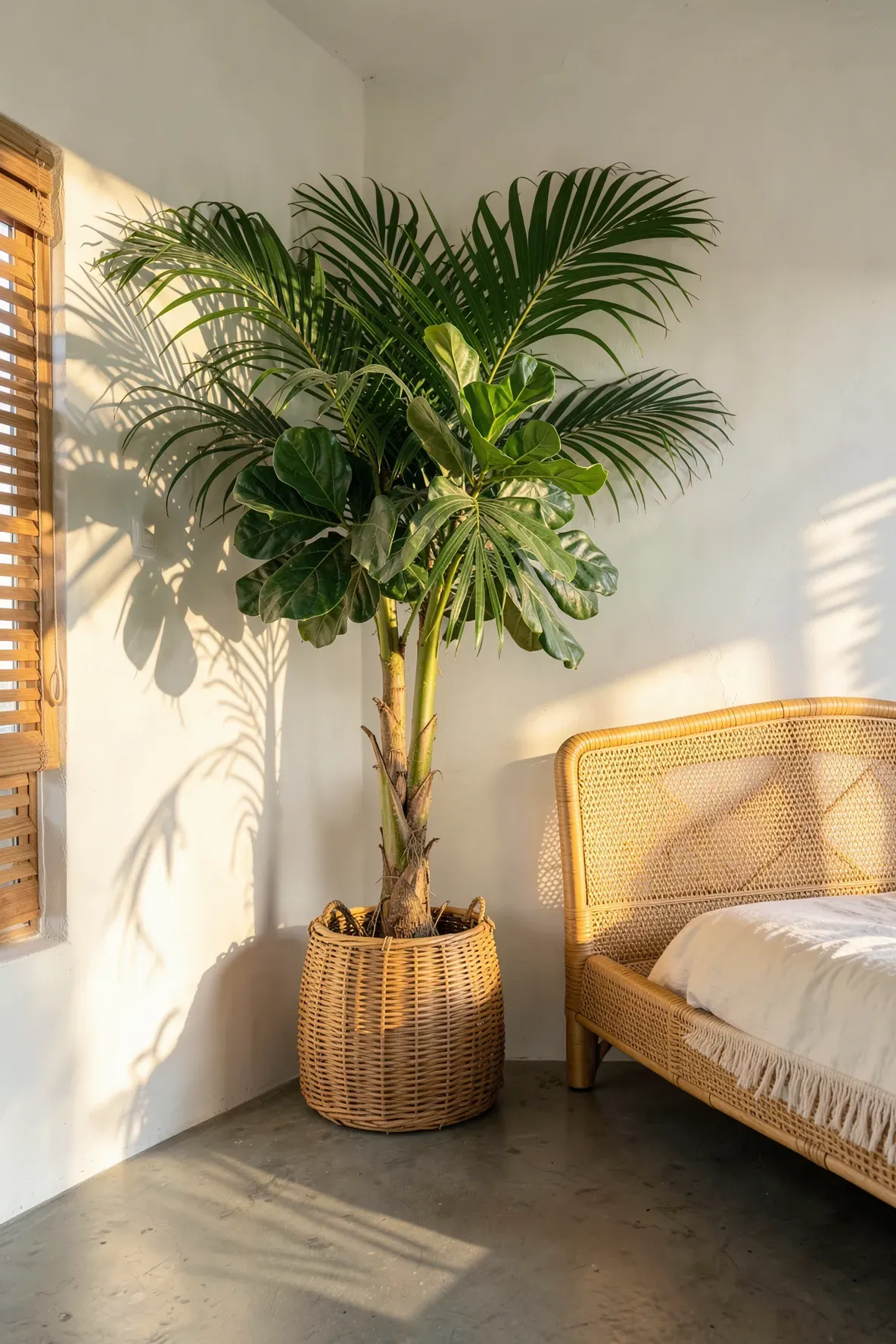 A large indoor palm in a woven wicker basket planter in a bright, tropical bedroom corner.