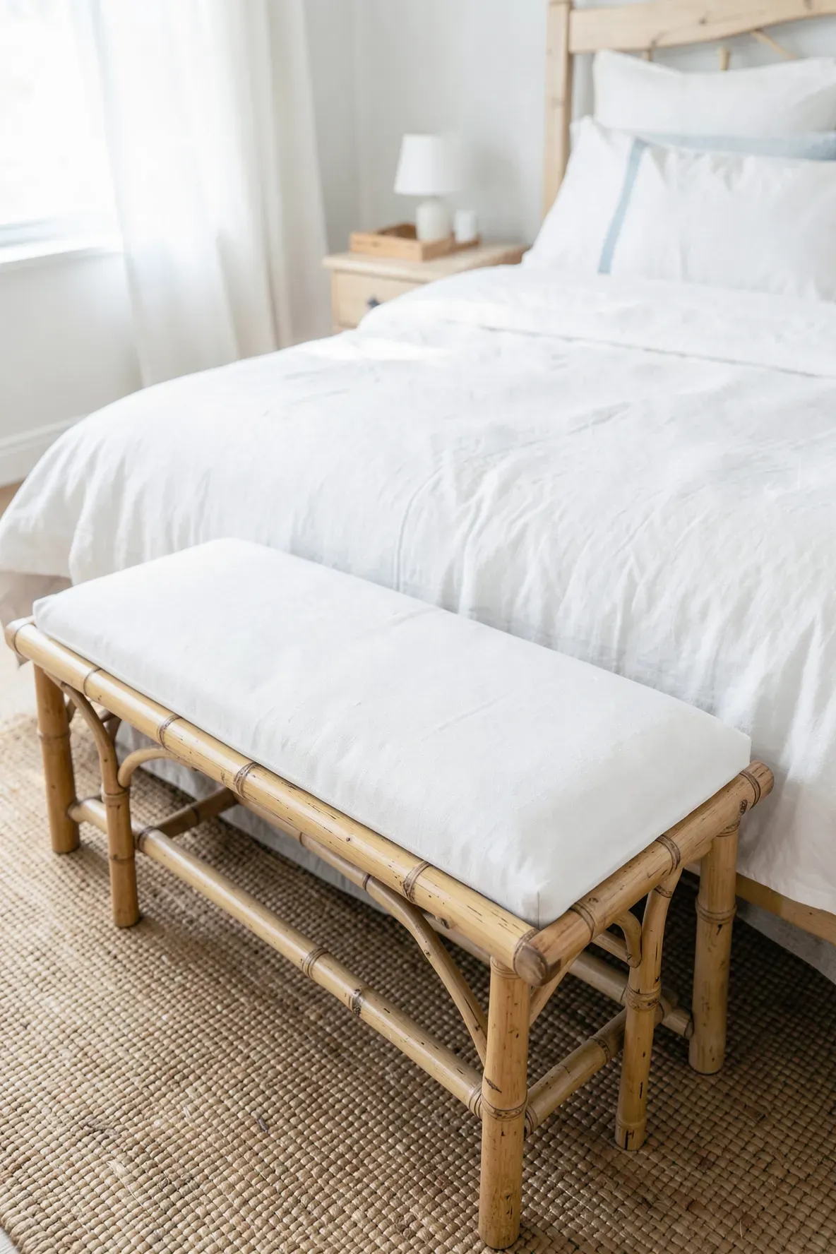 A bamboo bench with a white linen cushion at the foot of a bed in a coastal style room.