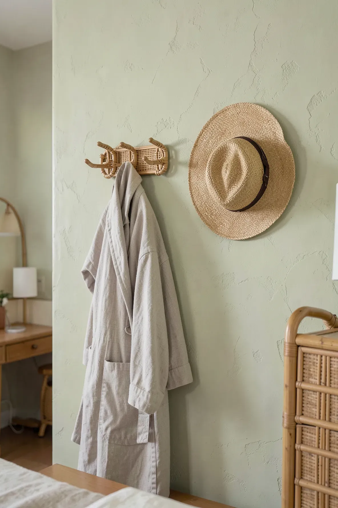 Handmade rattan wall hooks holding a robe and hat on a minimalist bedroom wall.