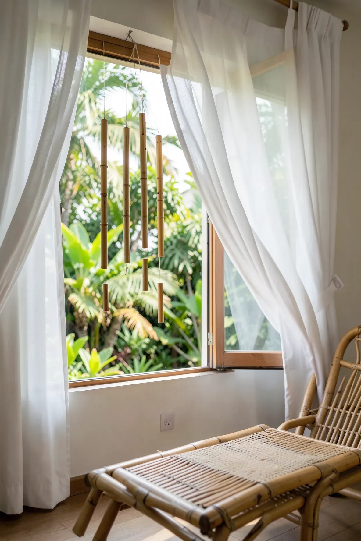 Bamboo wind chimes hanging by a sunlit bedroom window with sheer curtains.