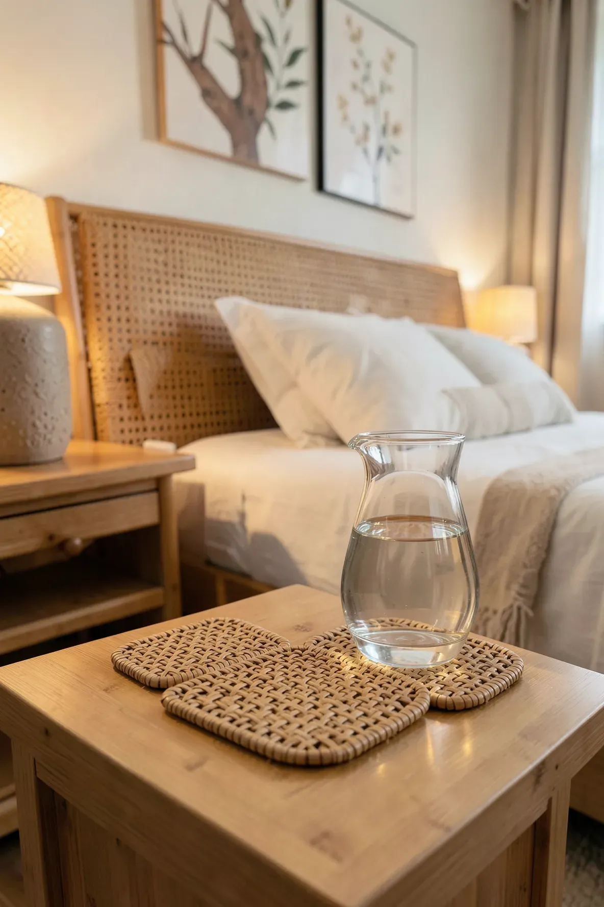 Woven rattan coasters and a glass carafe on a bamboo nightstand in a cozy bedroom.