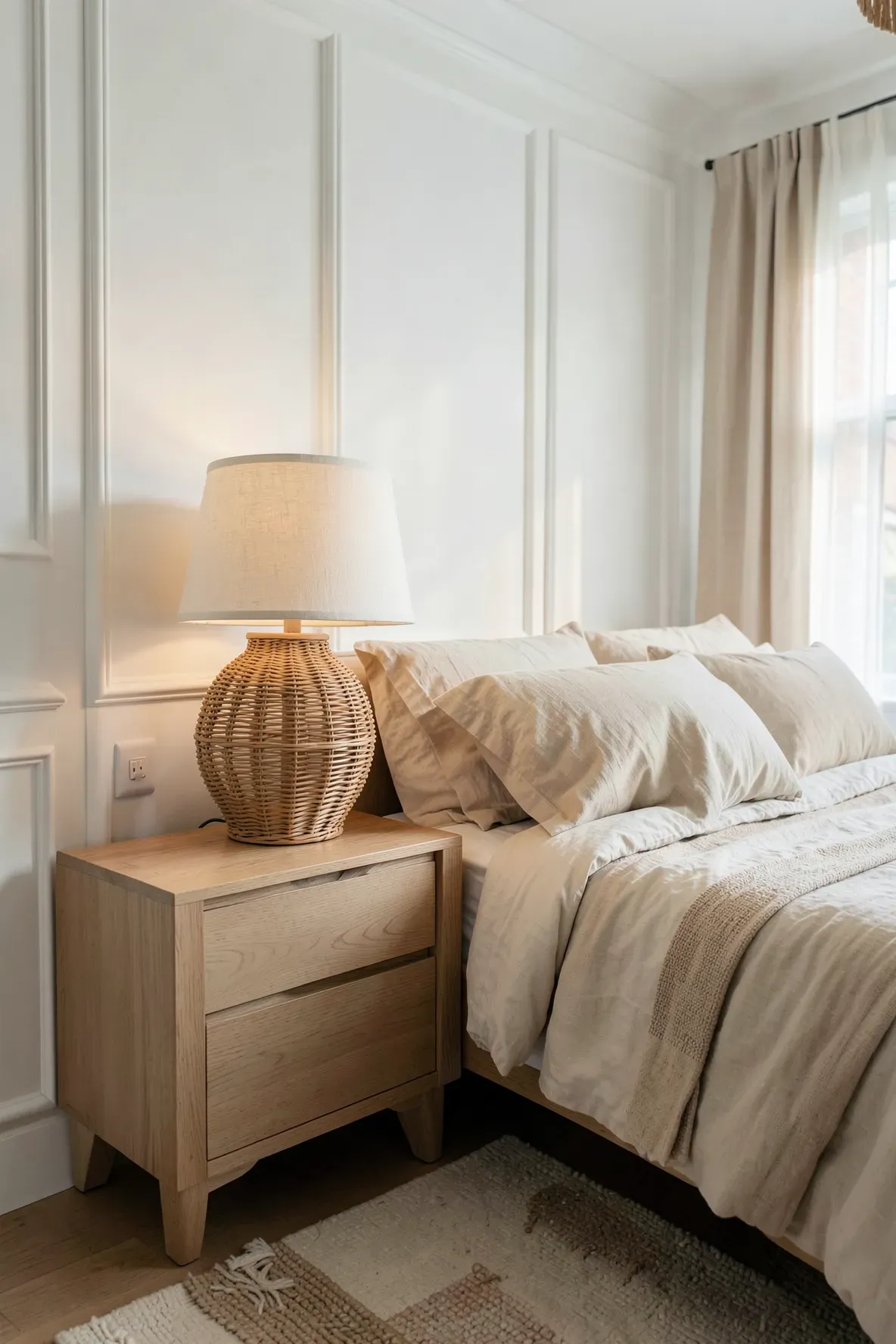 A stylish rattan table lamp with a tapered drum shade on a wooden nightstand in a bright, airy bedroom.
