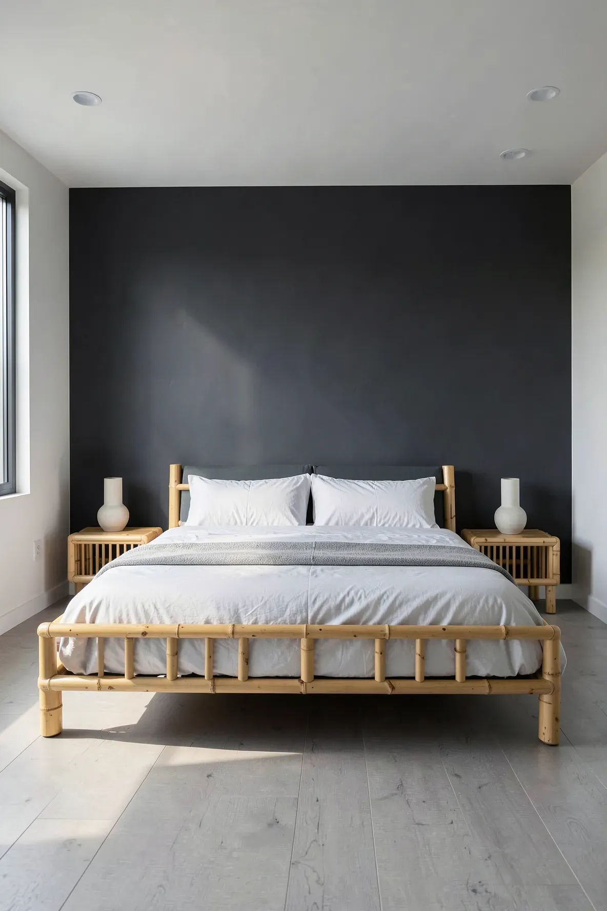 A light bamboo bed frame stands out against a dark charcoal grey wall in a modern Zen bedroom.