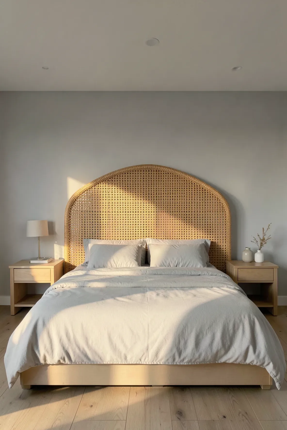 An intricate rattan headboard against light gray walls in a bright, airy Zen-style bedroom.