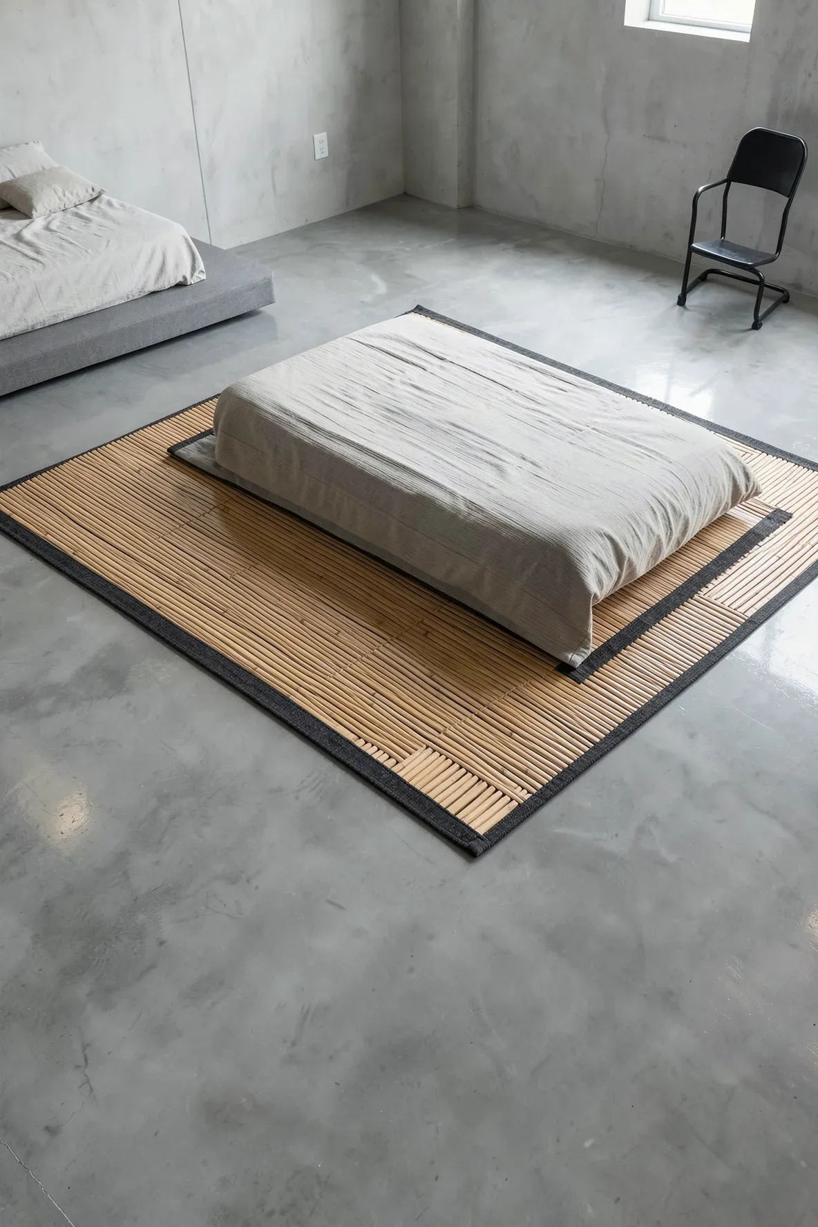 A natural bamboo slat rug on a polished grey concrete floor in a modern minimalist bedroom.