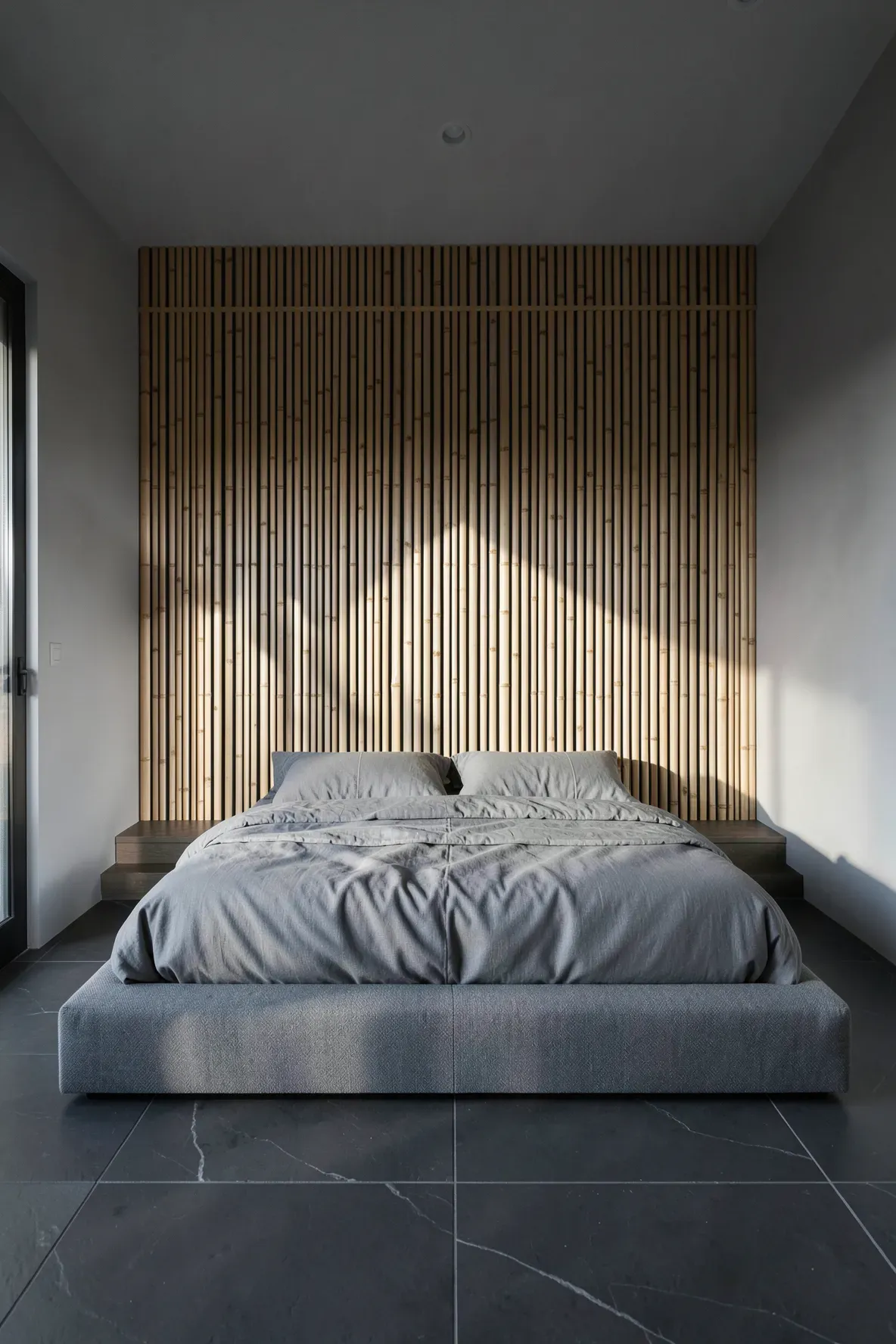 A vertical bamboo slat wall panel serves as a dramatic backdrop for a low-profile grey bed.