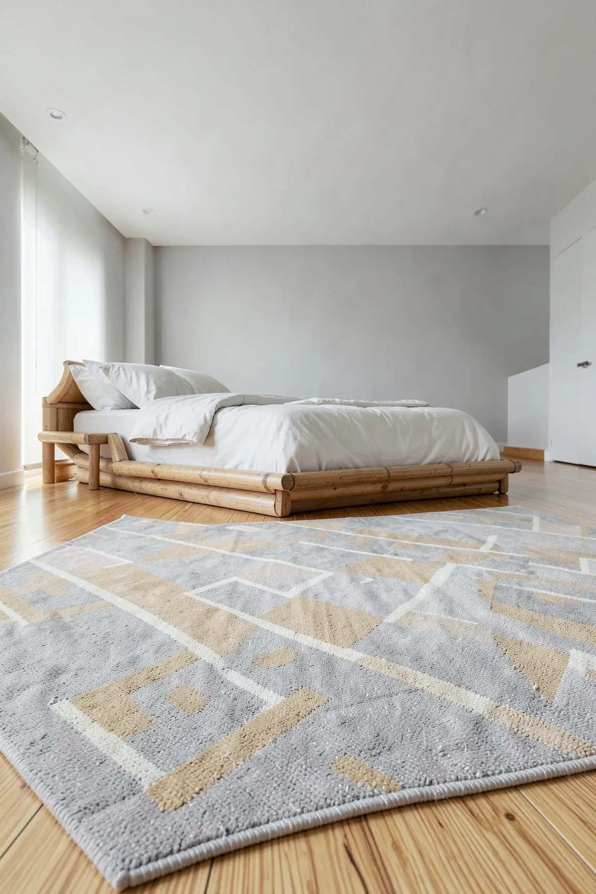 A light gray and tan geometric rug on top of warm-toned bamboo plank flooring in a bedroom.