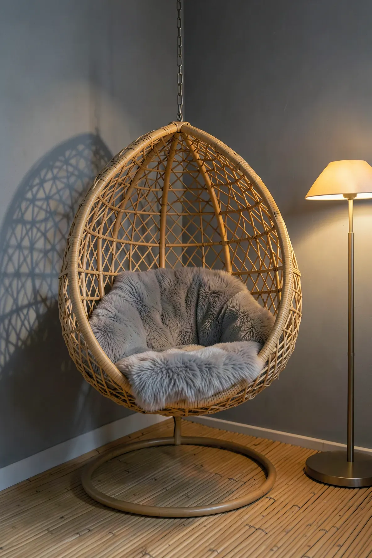 A hanging rattan egg chair with a thick grey faux fur cushion in a modern bedroom corner.