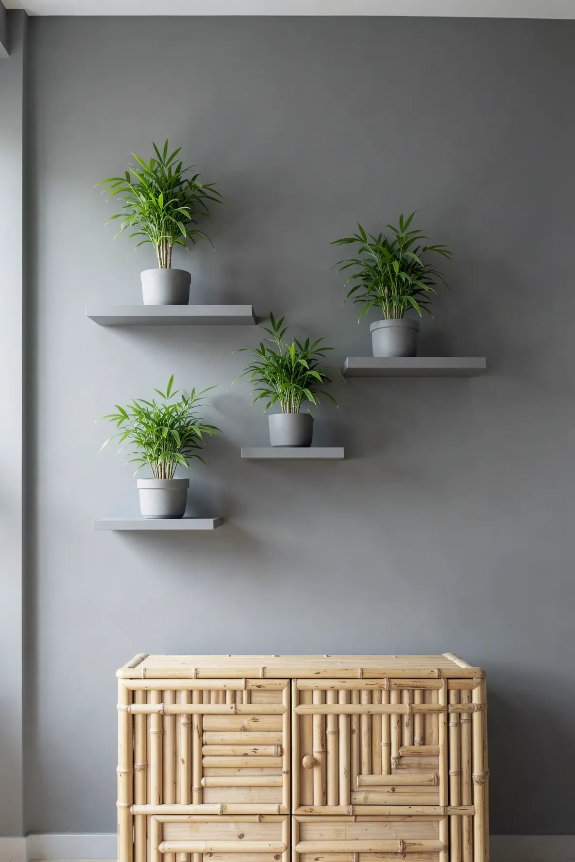 Minimalist grey floating shelves with small potted bamboo plants against a grey bedroom wall.