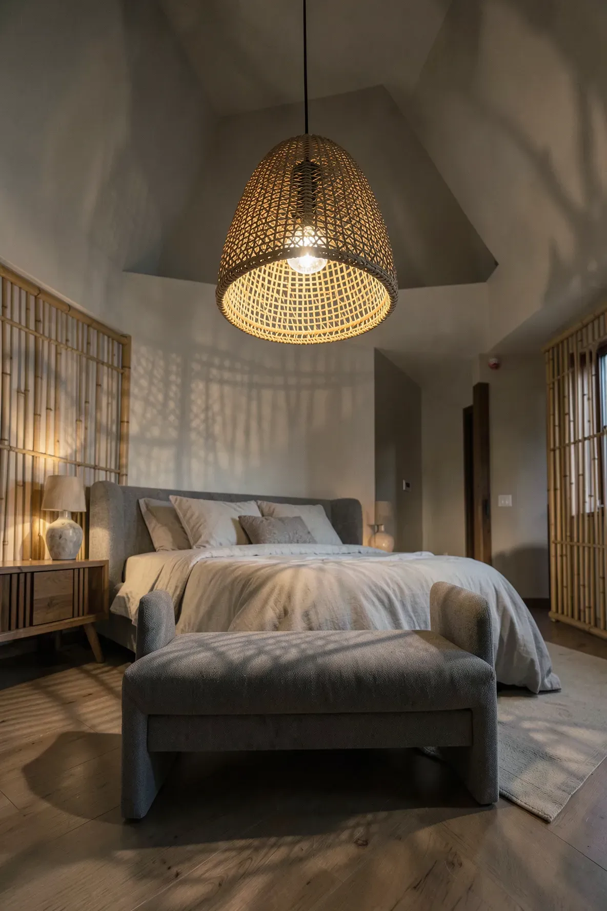 A large rattan pendant light hanging above a grey upholstered bench in a modern Zen bedroom.
