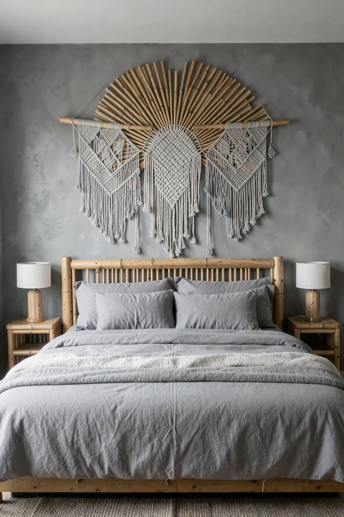 Grey macrame hangings and bamboo fan wall art in a modern bohemian Zen bedroom.