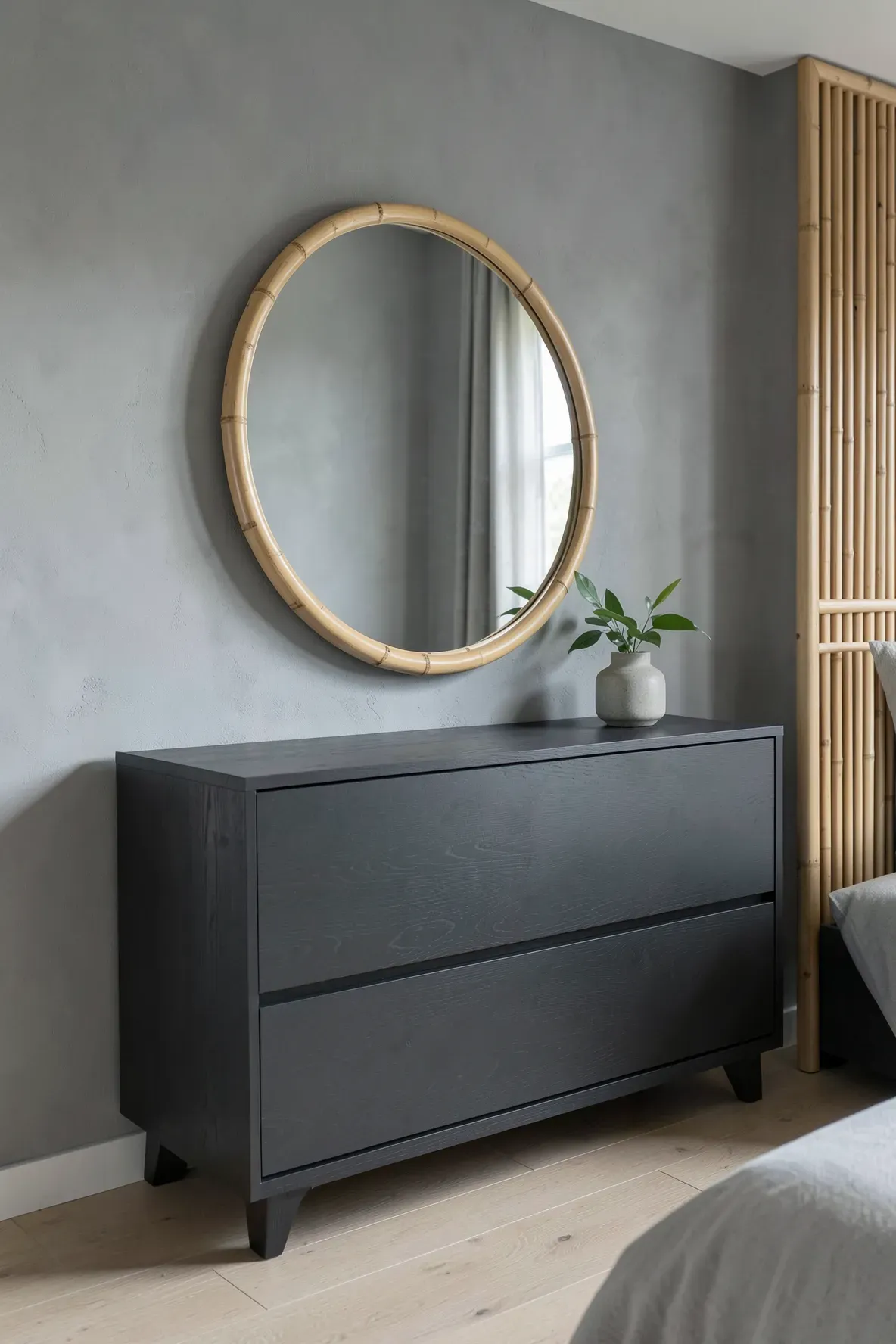 A dark grey dresser with a round bamboo-framed mirror in a modern grey bedroom.