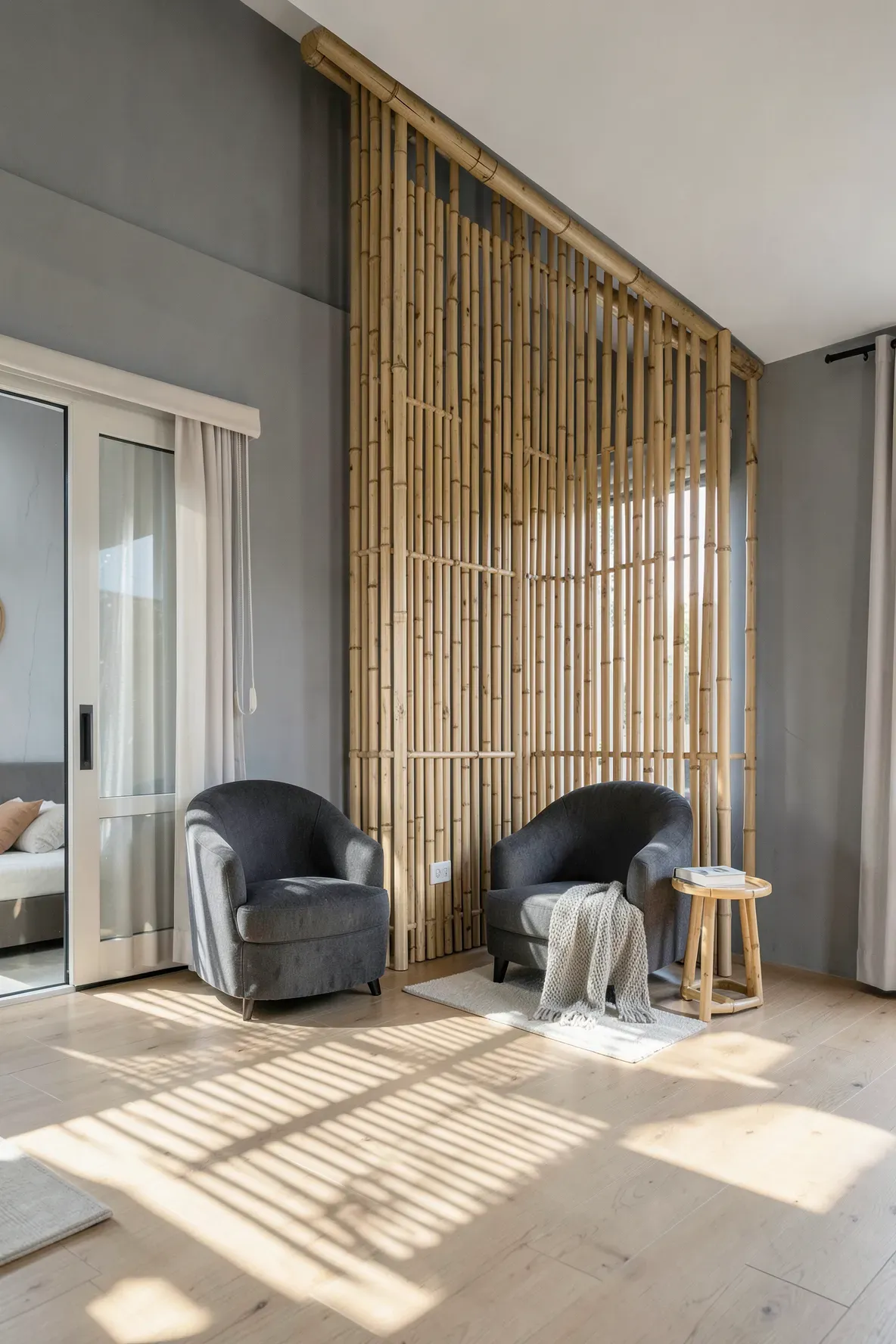 A bamboo slatted screen dividing a grey bedroom to create a private reading area.