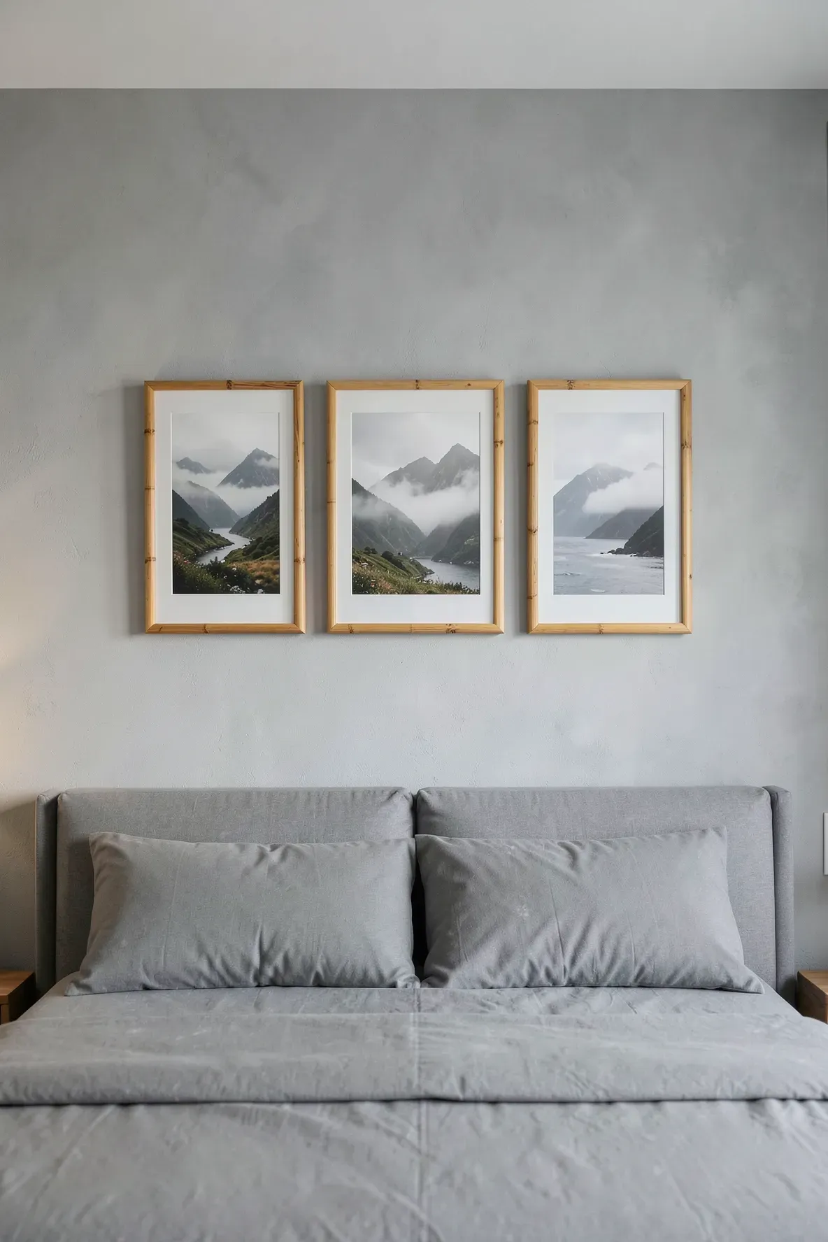 Three bamboo-framed landscape photos hanging on a grey bedroom wall.