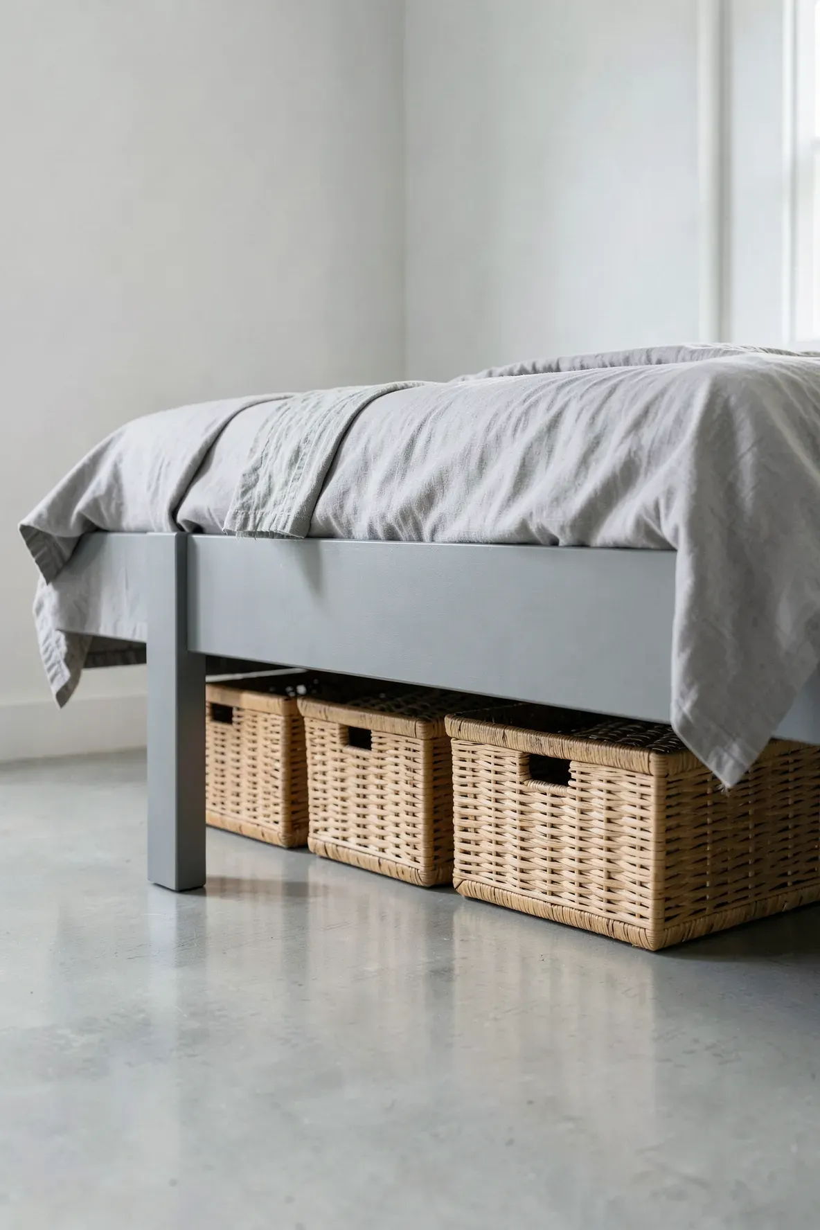 Woven bamboo storage baskets tucked under a modern grey bed frame.