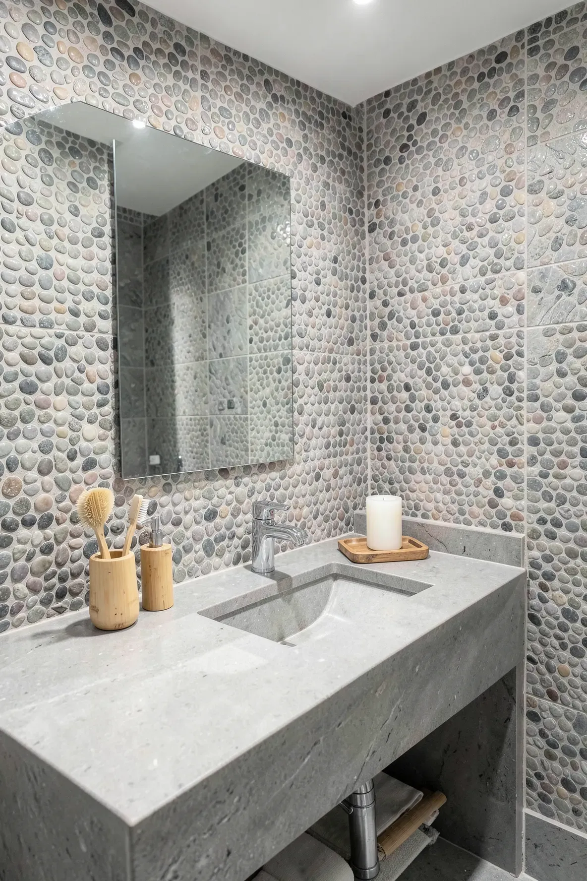 Grey pebble mosaic tiles and bamboo accessories on a bathroom vanity.