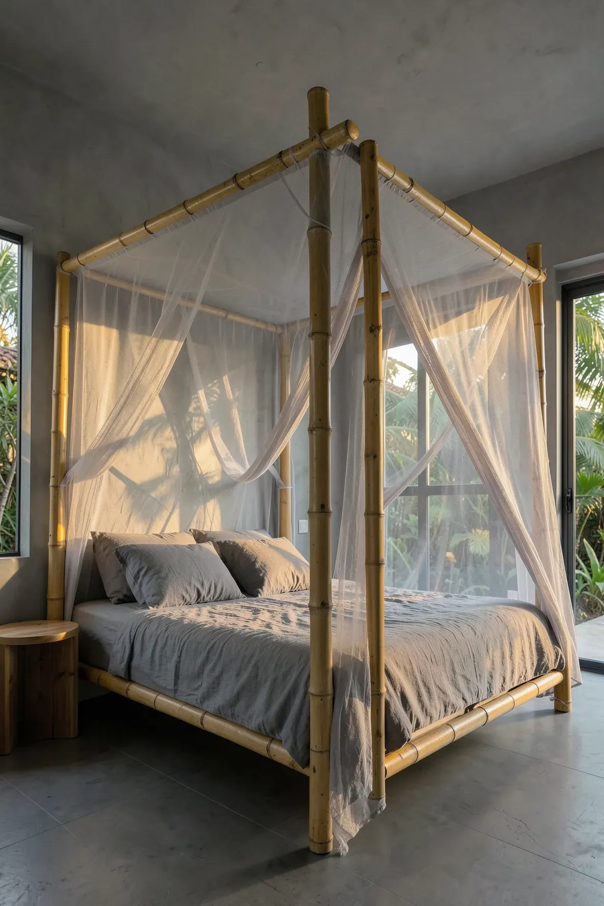 A bamboo canopy bed with sheer grey netting in a modern Zen bedroom.