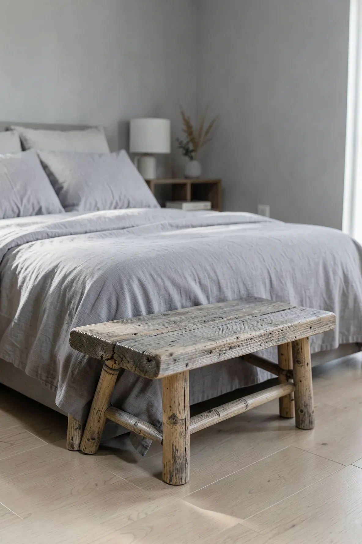 A modern Zen bench made of reclaimed grey wood and bamboo at the foot of a bed.