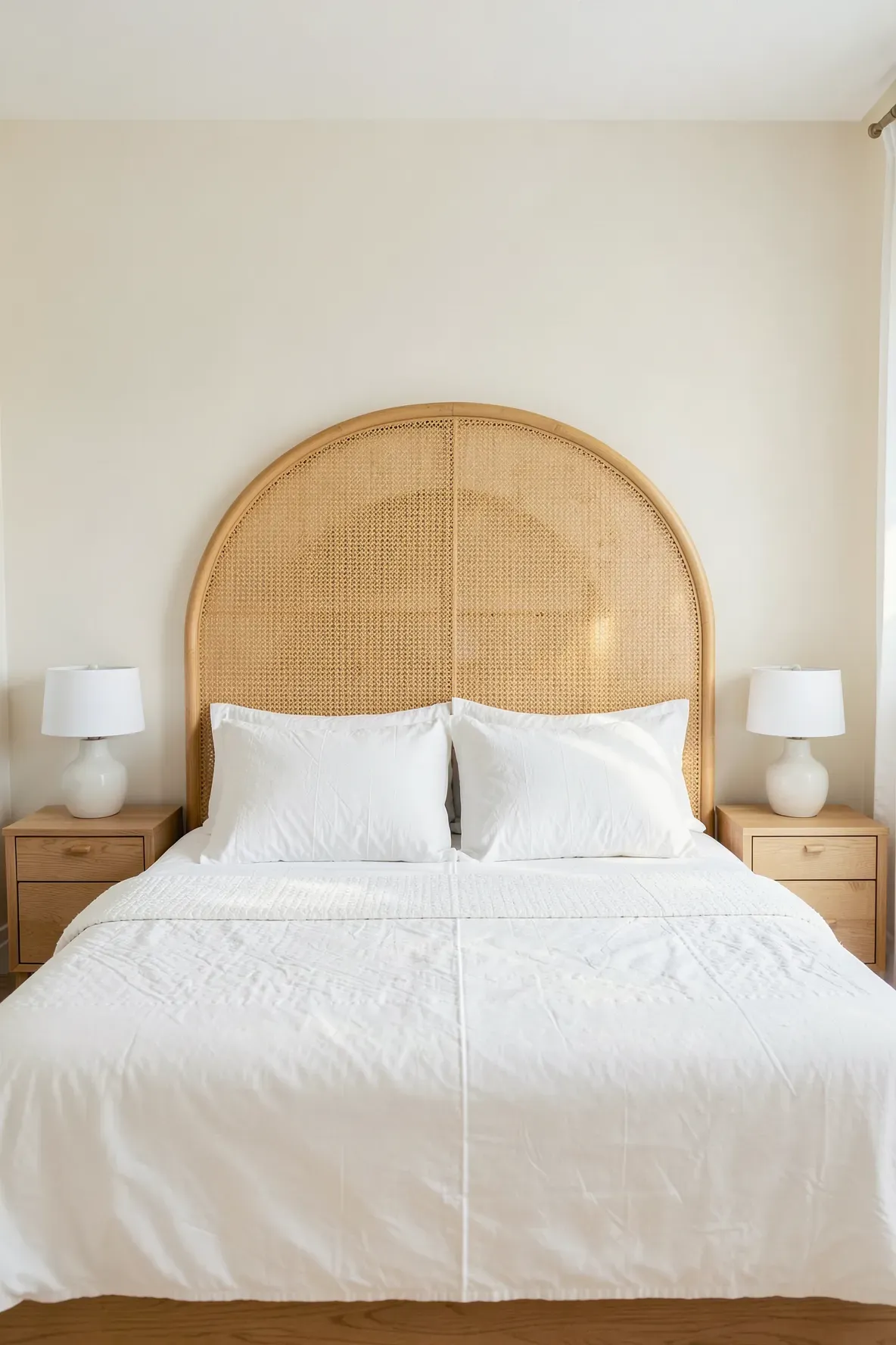 A curved honey-toned rattan headboard on a bed with crisp white linens in a bright, spa-like bedroom.