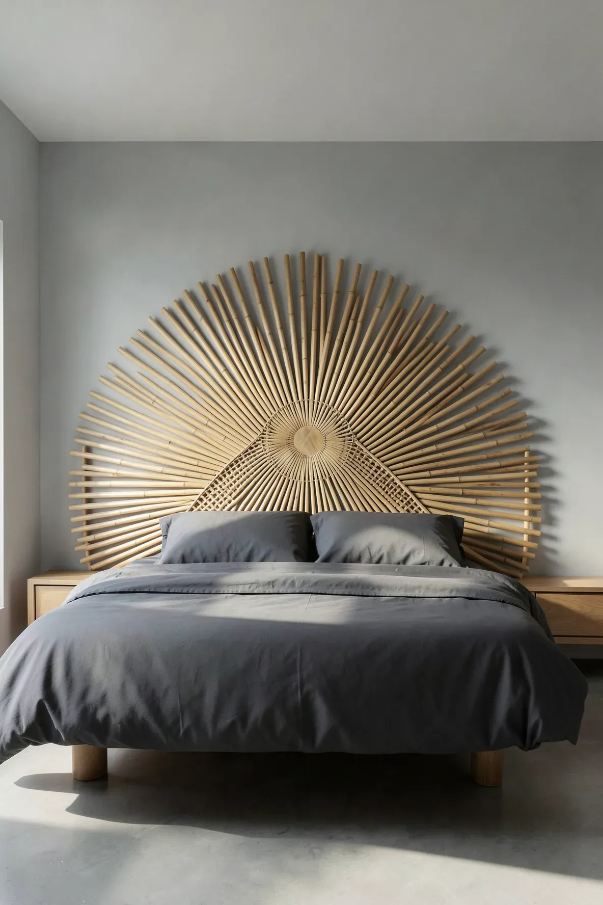 A sunburst patterned bamboo headboard in a minimalist bedroom with gray bedding and simple decor.