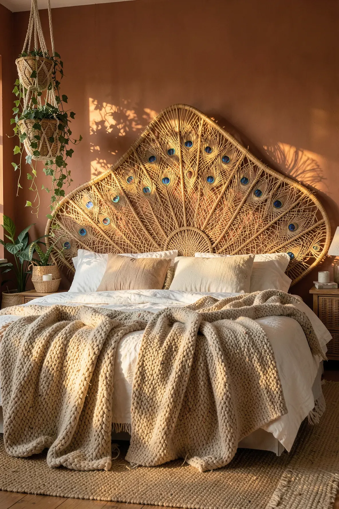 An intricate peacock-style wicker headboard in a bohemian bedroom with macrame and indoor plants.