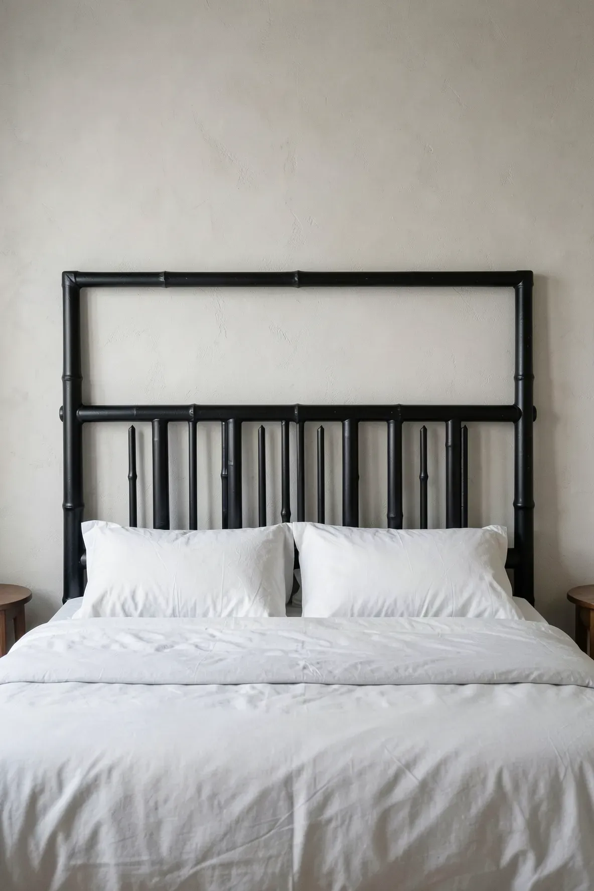 A black painted bamboo headboard frame standing out against a neutral beige wall in a modern room.
