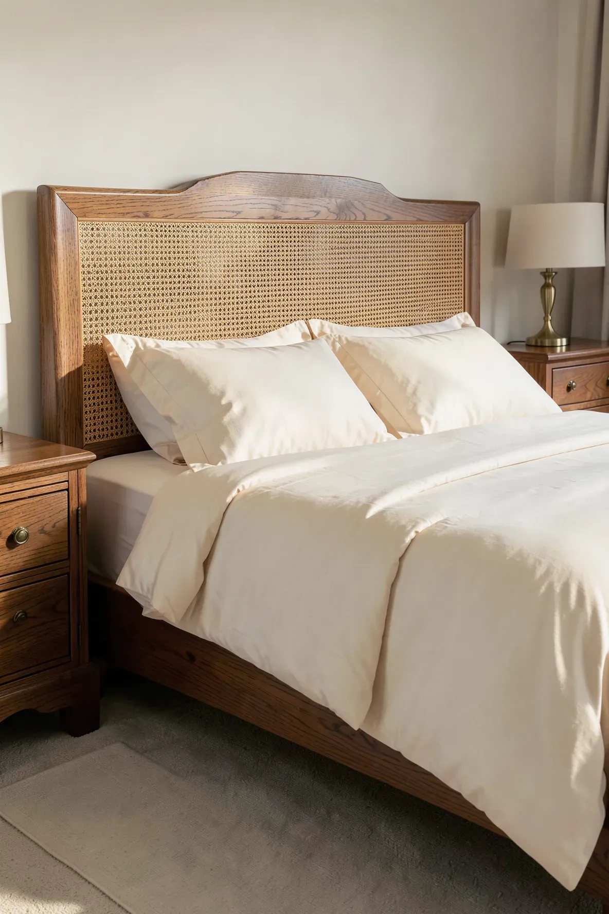 A woven cane headboard with a solid oak wood border in a traditionally styled bedroom.