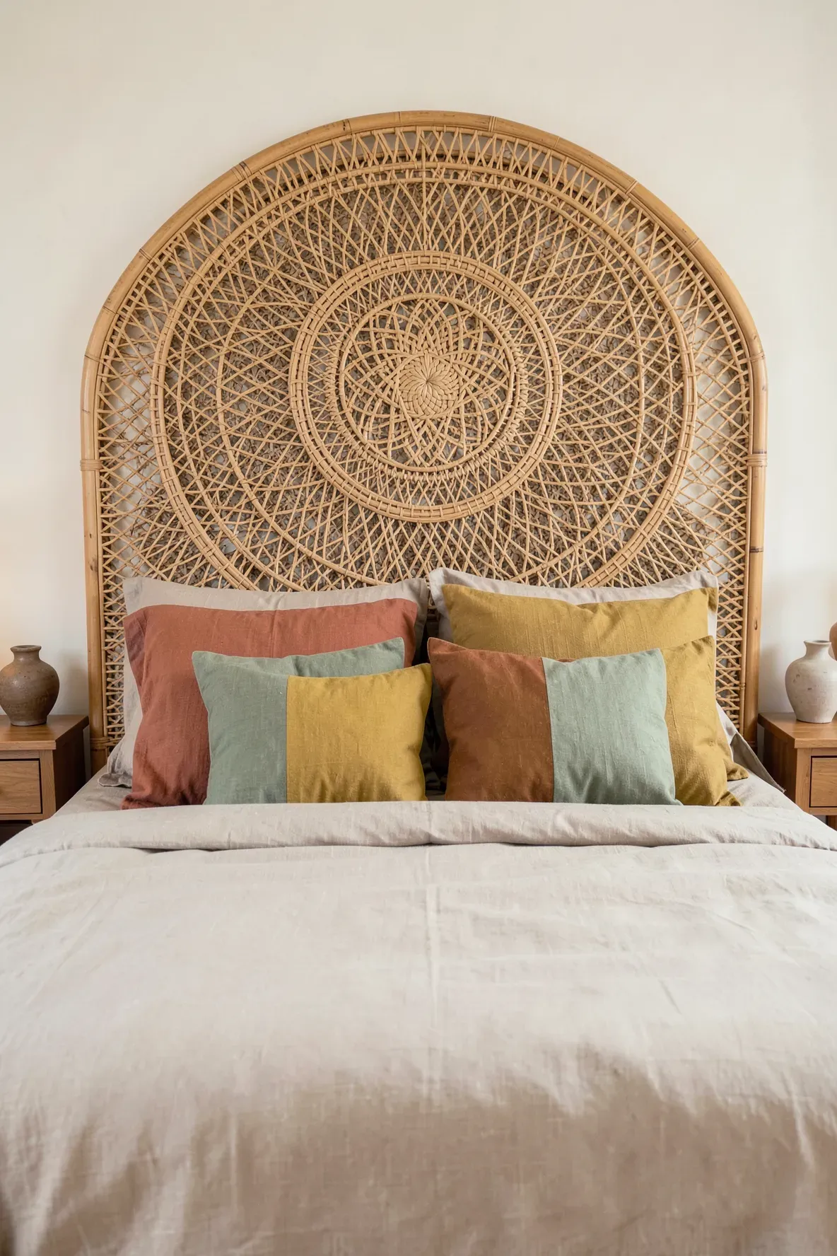 A mandala weave rattan headboard with terracotta and sage green pillows in a peaceful bedroom.