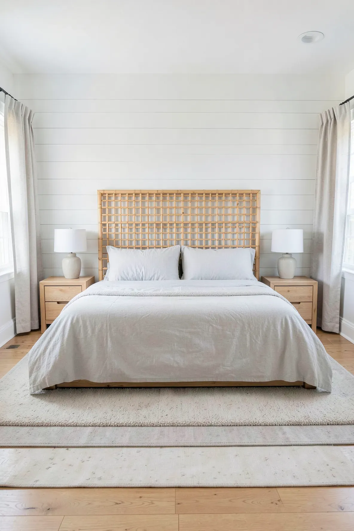 A modern farmhouse bedroom featuring a symmetrical geometric square lattice bamboo headboard with clean lines.