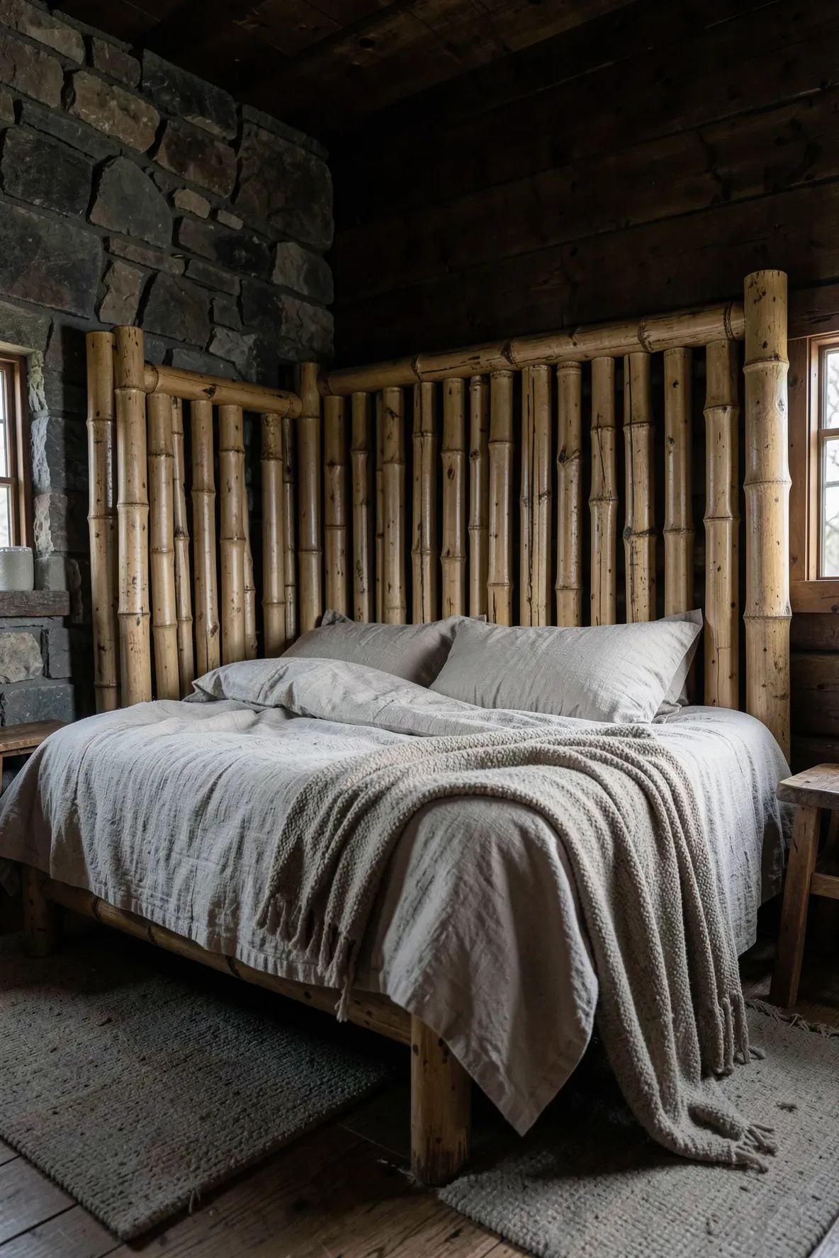 A rustic bedroom with a headboard made of thick, whole bamboo poles and textured linen bedding.