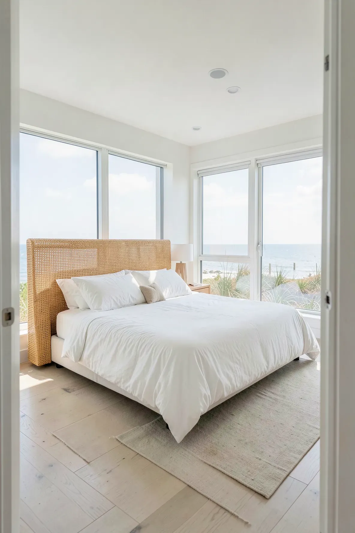 A low-profile rattan headboard in a bright coastal bedroom with large windows and an airy feel.