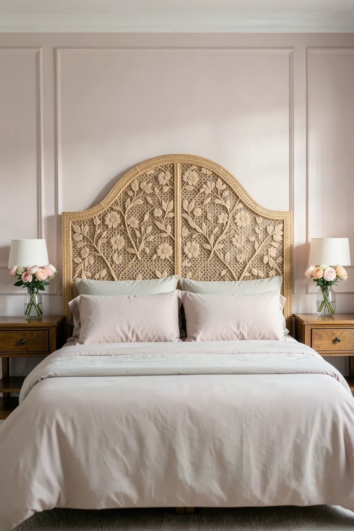 An intricate floral patterned cane headboard in a romantic bedroom with solid-colored bedding.