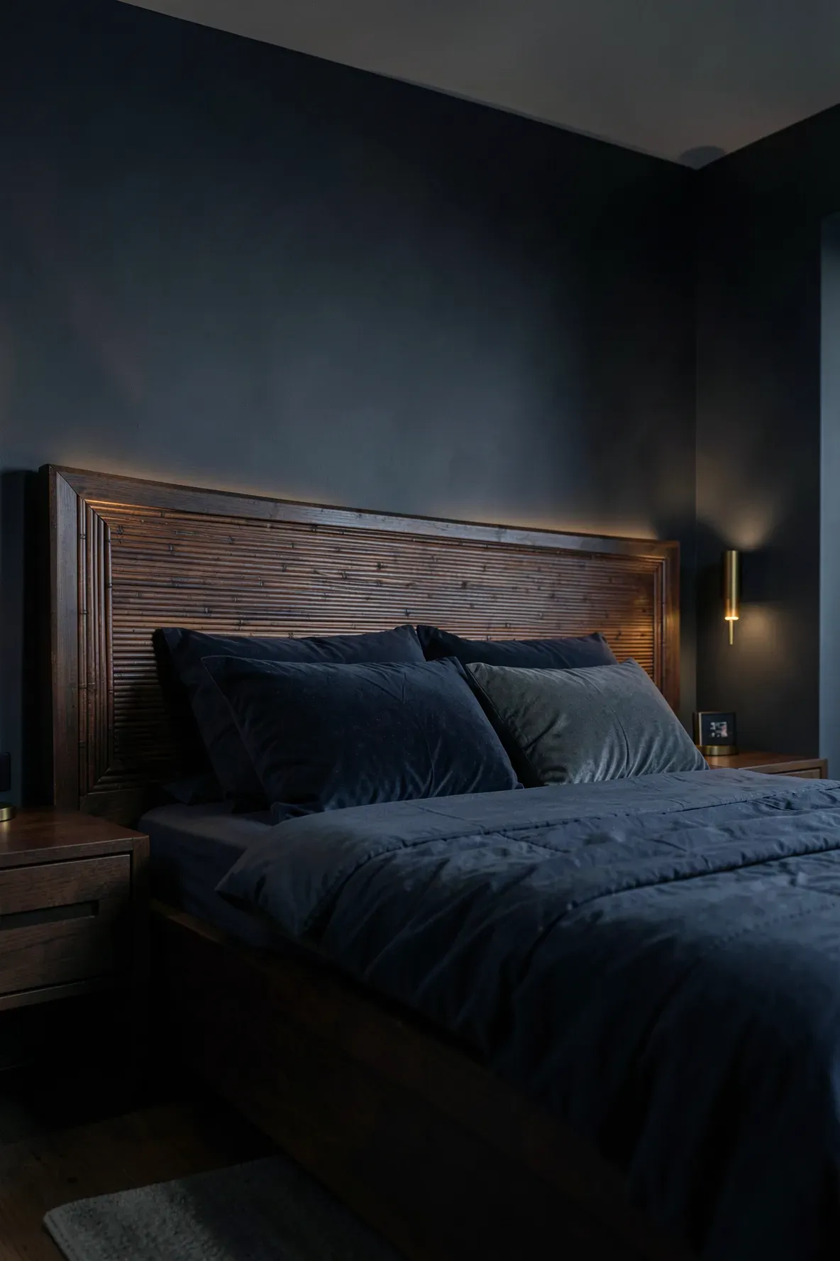 A dark stained bamboo headboard in a sophisticated bedroom with navy bedding and moody lighting.