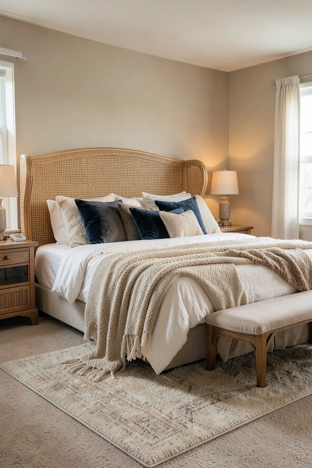 A wingback style rattan headboard in a cozy bedroom with layered wool and velvet textures.