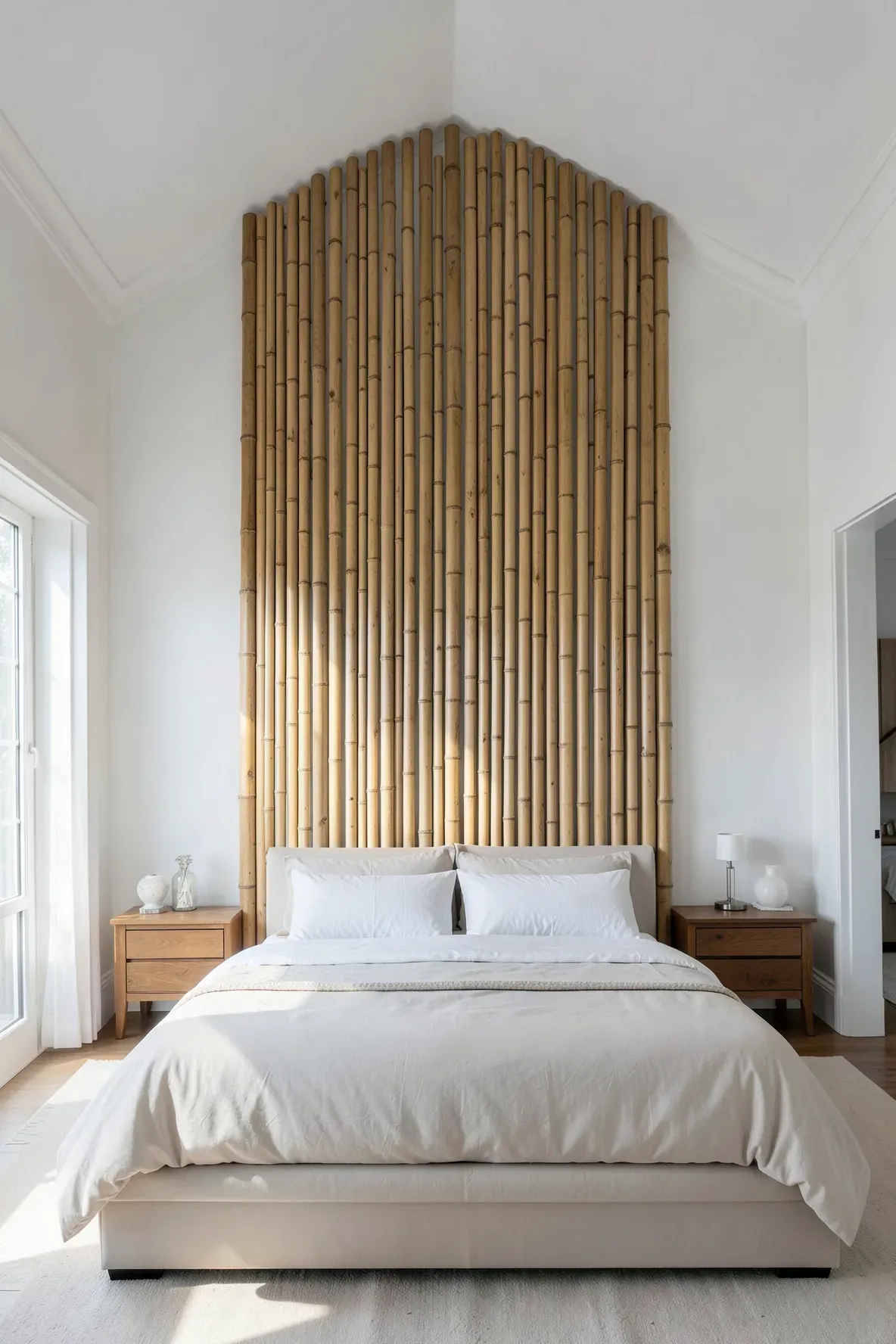 A grand bedroom featuring a tall vertical bamboo picket headboard that reaches toward the ceiling.