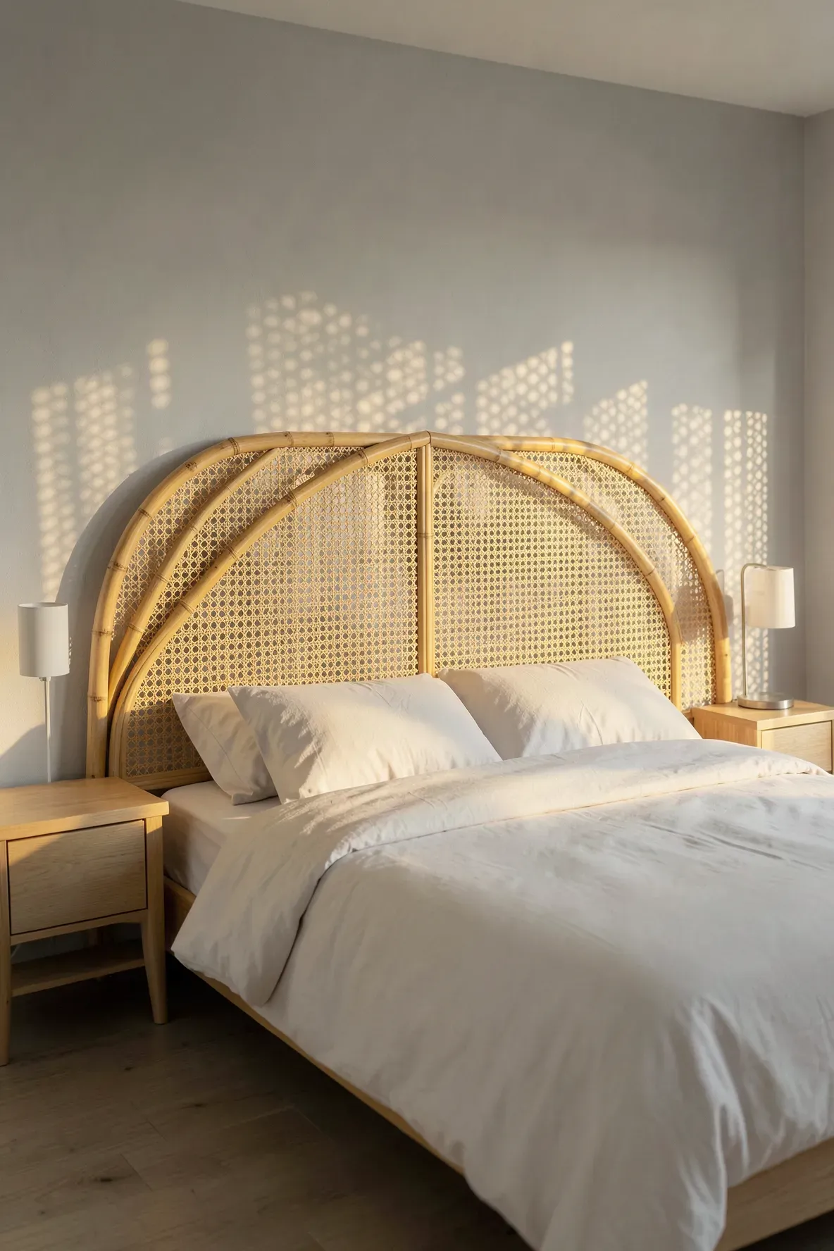 A curved bentwood bamboo headboard with open weave details in a bright, airy bedroom.