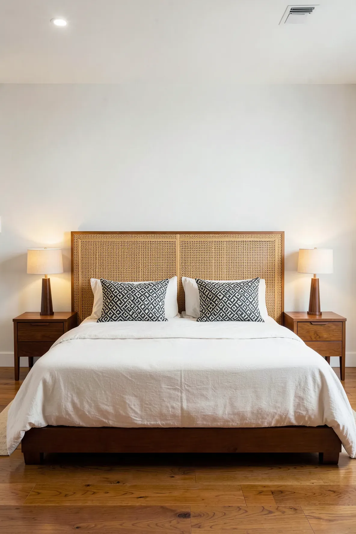 A double-layered cane and bamboo headboard showing rich texture in a mid-century modern bedroom.