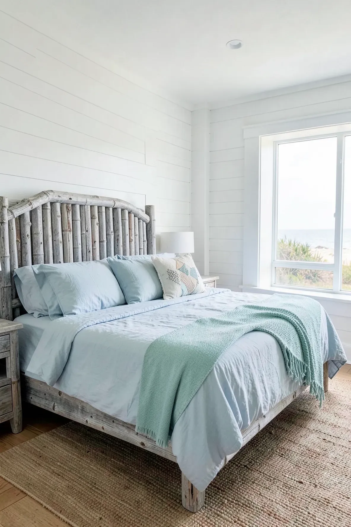 A weathered gray bamboo headboard in a beach house bedroom with seafoam green accents.