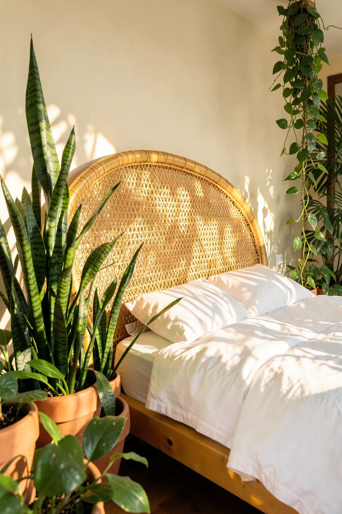 A warm honey-toned rattan headboard surrounded by lush green potted plants in a sunny bedroom.