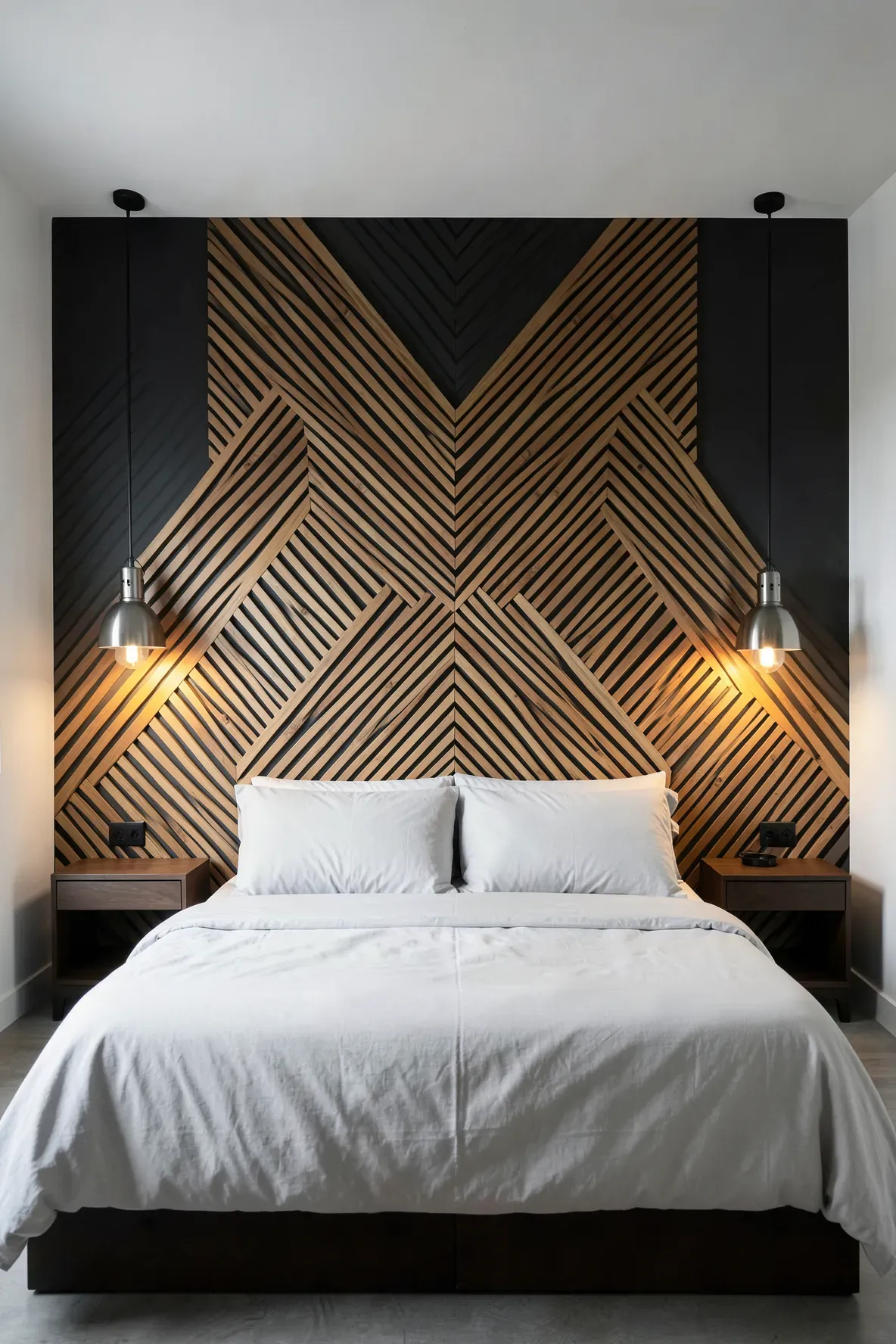 A modern bamboo headboard with a chevron slat pattern against a dark accent wall.
