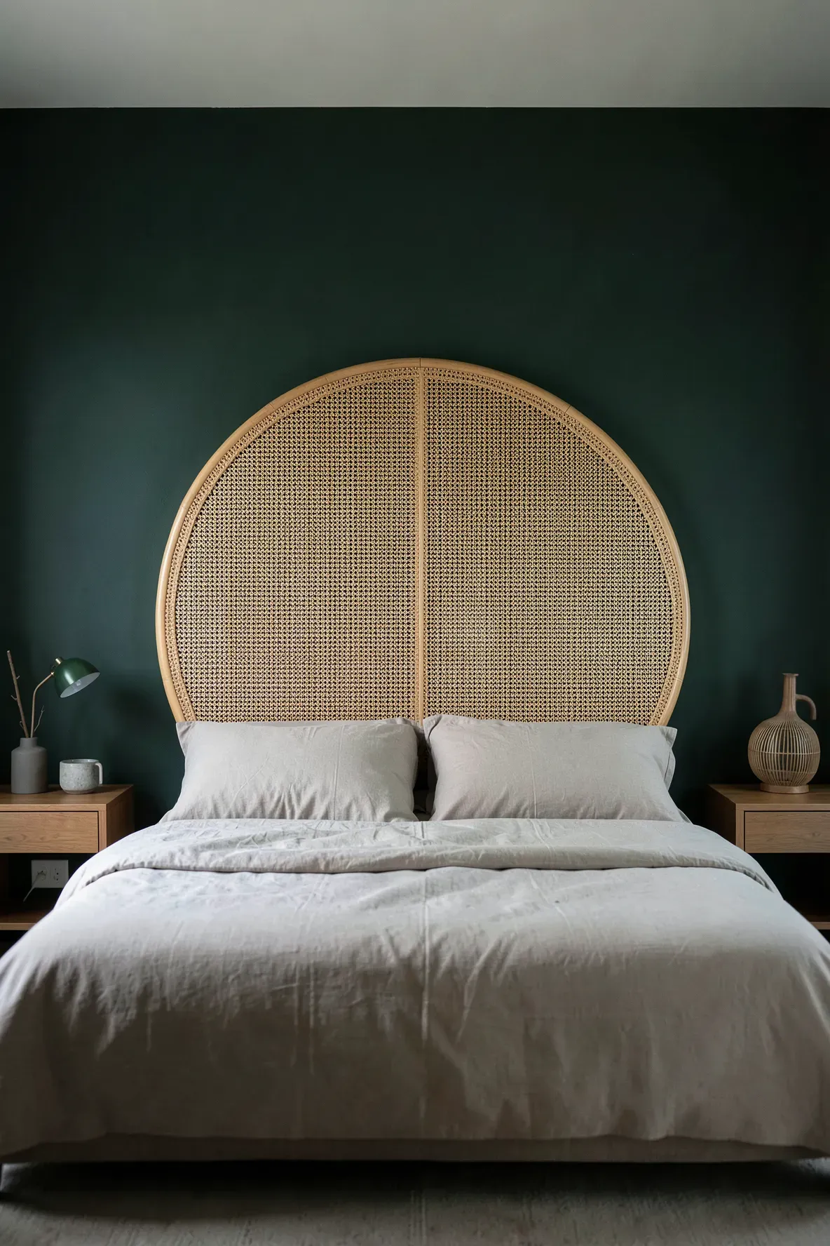 A large circular rattan headboard centered on a bold forest green accent wall.