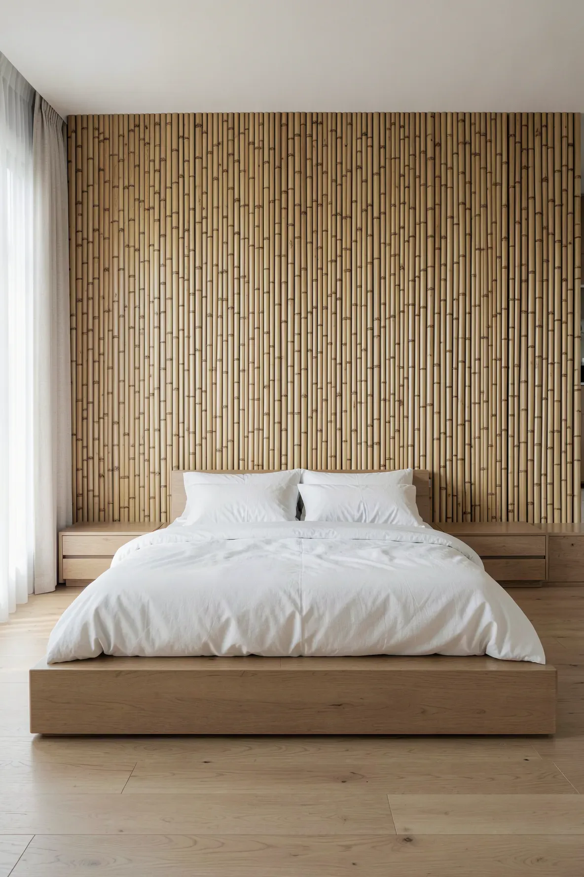 A full-wall bamboo screen used as a textured headboard in a bright, minimalist bedroom.