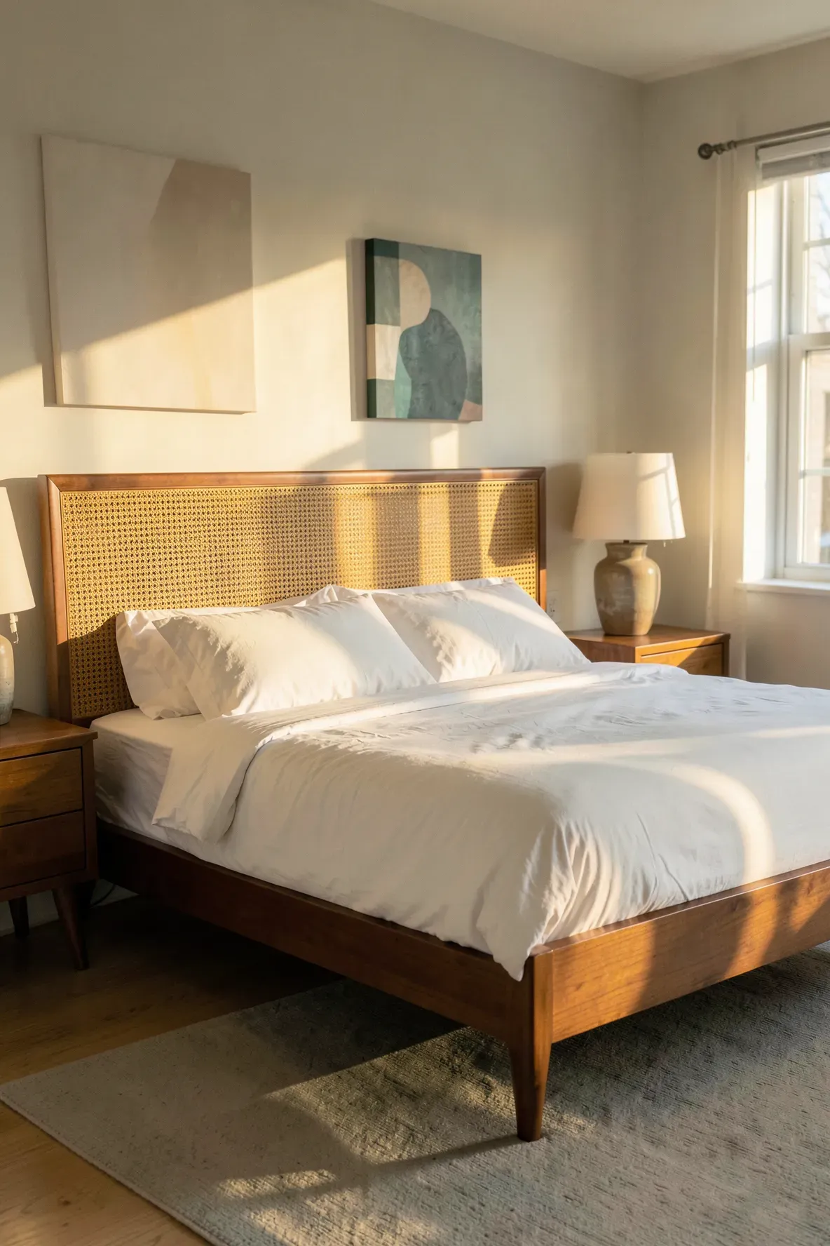 A mid-century modern bedroom with a walnut and cane headboard featuring tapered legs.
