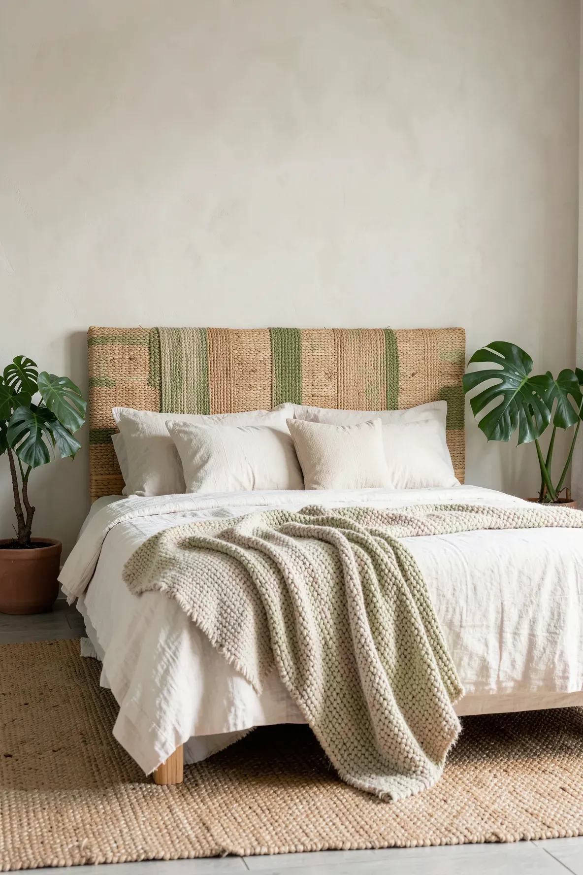 A hand-woven headboard made of seagrass and bamboo in a coastal style bedroom.