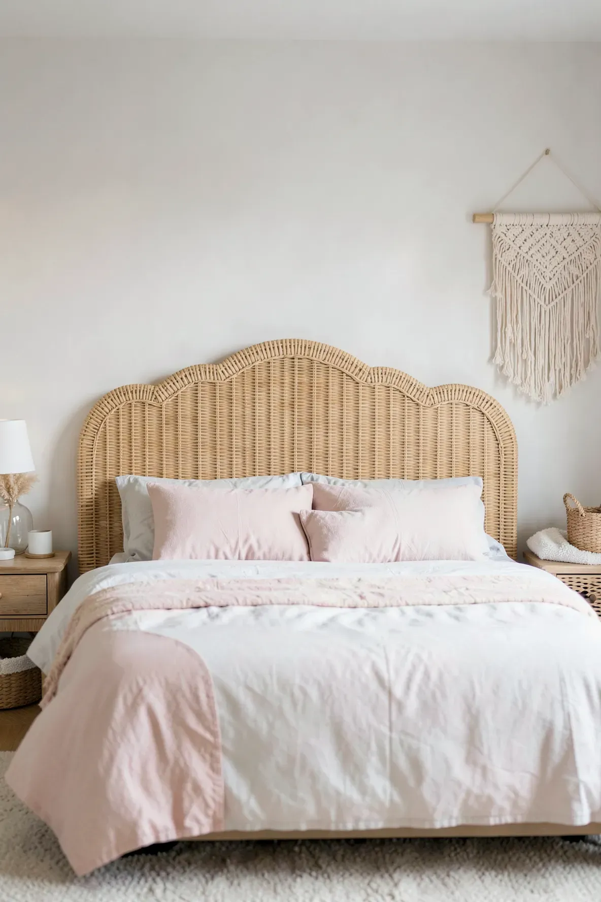 A bedroom featuring a light wicker headboard with a playful scalloped edge.